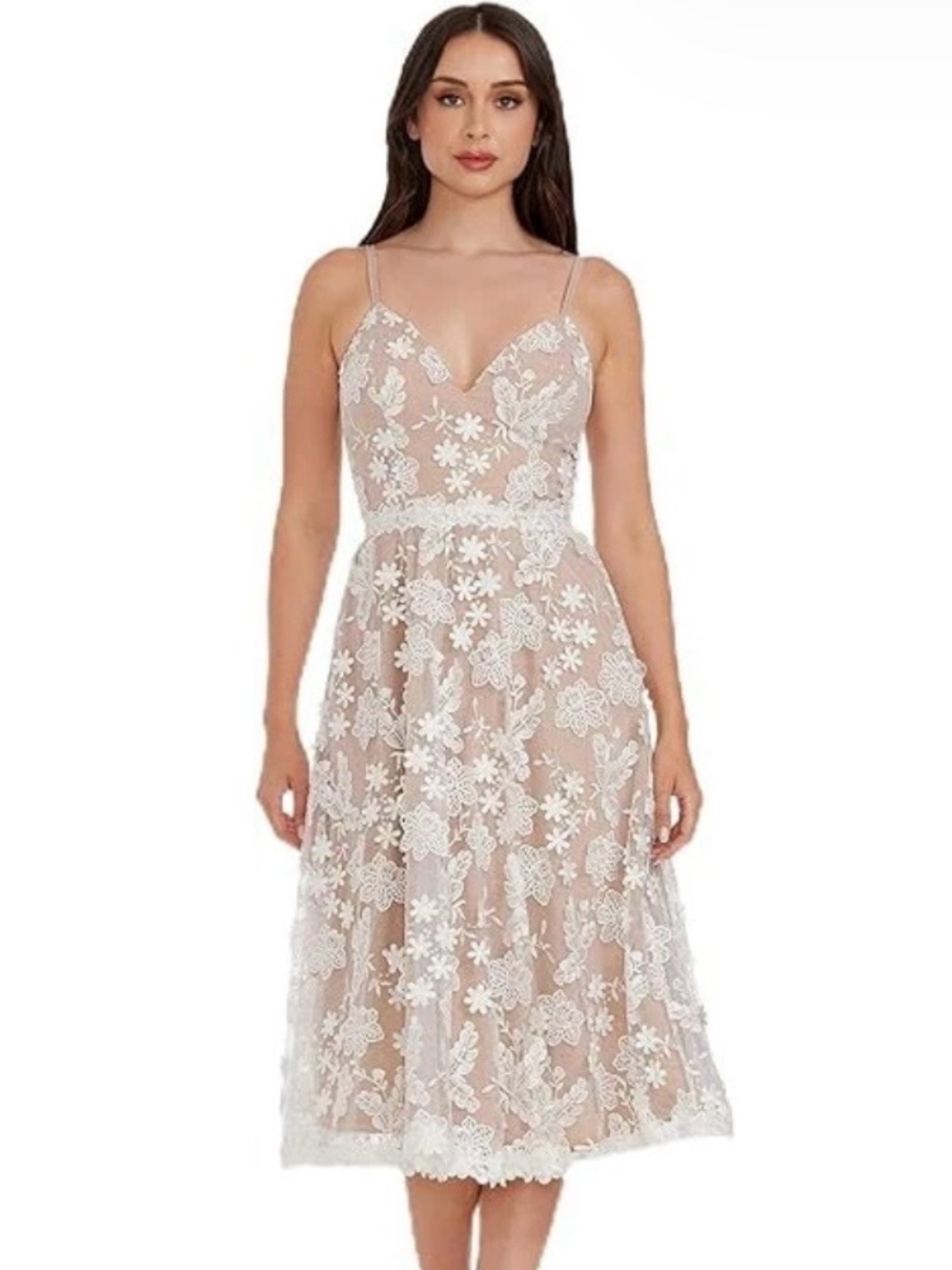 Dress the Population White Floral Lace Midi Dress with Nude Lining
